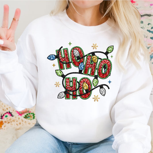 Ho, Ho, Ho Faux embroidered Christmas Lights DTF Transfer