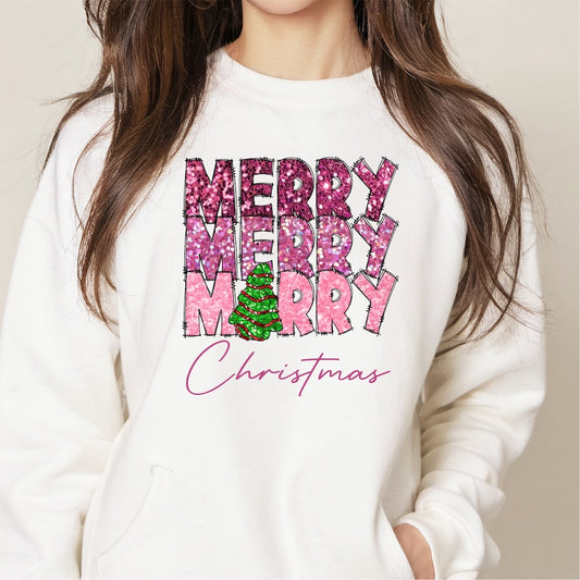 Merry, Merry, Merry Christmas Pink Faux Glitter DTF transfer