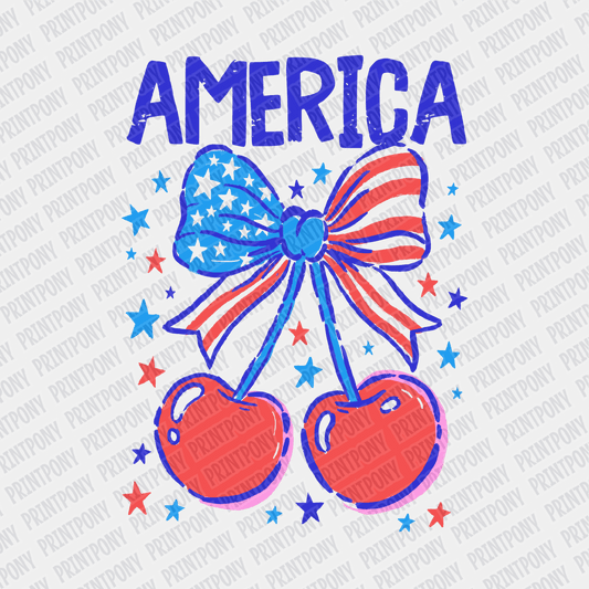 America Coquette Ribbon with Cherries Patriotic DTF transfer - PrintPony