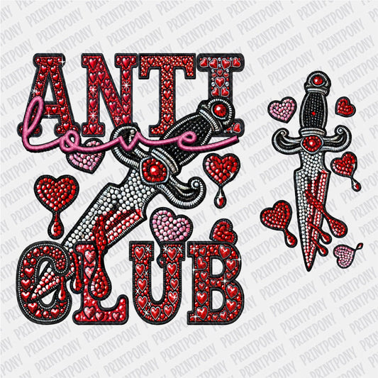 Anti - love Club Faux Rhinestones with Sleeve Design DTF Transfer - PrintPony