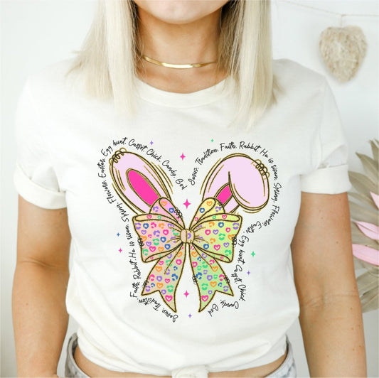 Coquette Bow with Bunny Ears and text He is Risen DTF transfer - PrintPony
