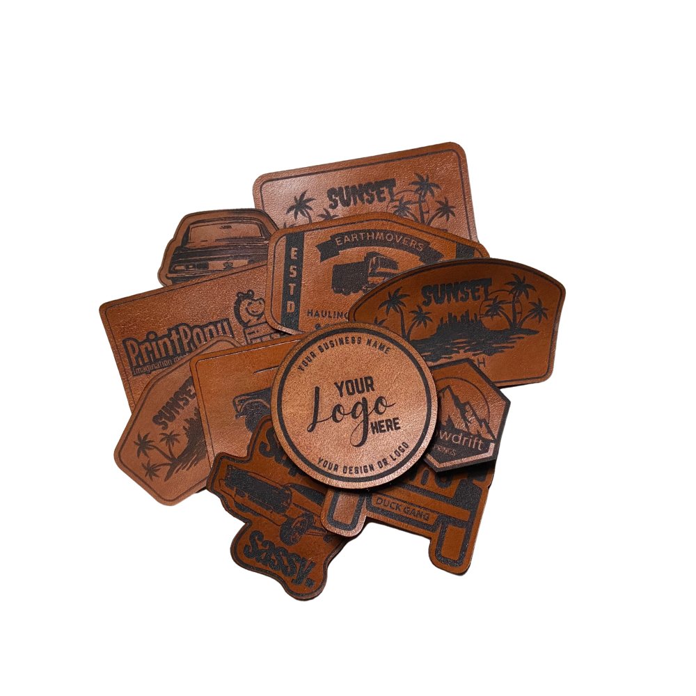 Image shows genuine leather Rust colored patch that is engraved.
