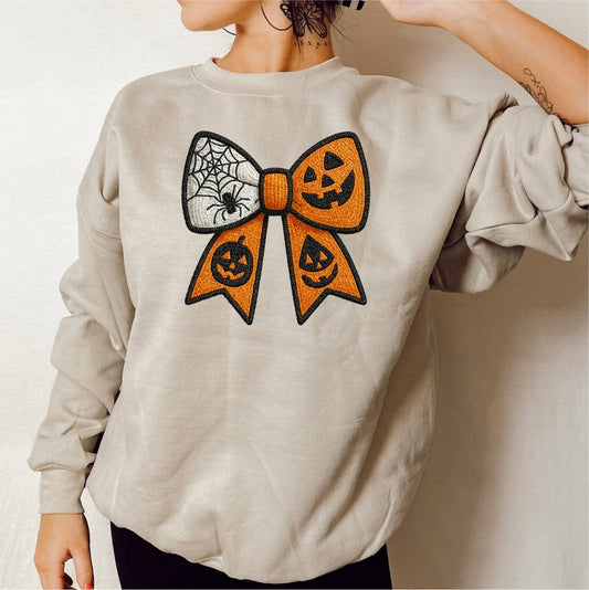 Faux Embroidered Halloween Bow with Pumpkins and Spider DTF Transfer - PrintPony™