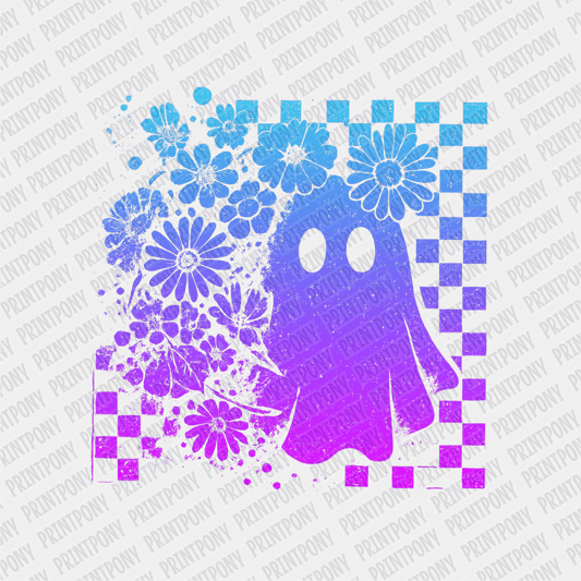 Floral Checkered Ombre Blue and Purple Neon Ghost Halloween DTF Transfer - PrintPony™