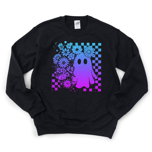 Floral Checkered Ombre Blue and Purple Neon Ghost Halloween DTF Transfer - PrintPony™