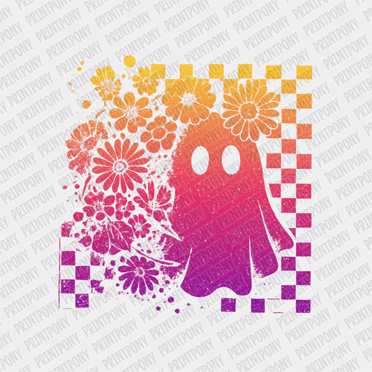 Floral Checkered Ombre Orange and Purple Neon Ghost Halloween DTF Transfer - PrintPony™