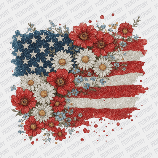 Floral Faux Glitter American Flag - Patriotic DTF transfer - PrintPony