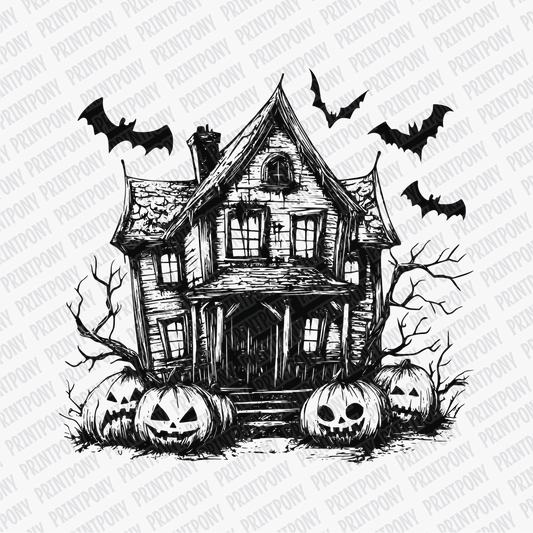 Haunted House with Bats and Pumpkins DTF Transfer - PrintPony™