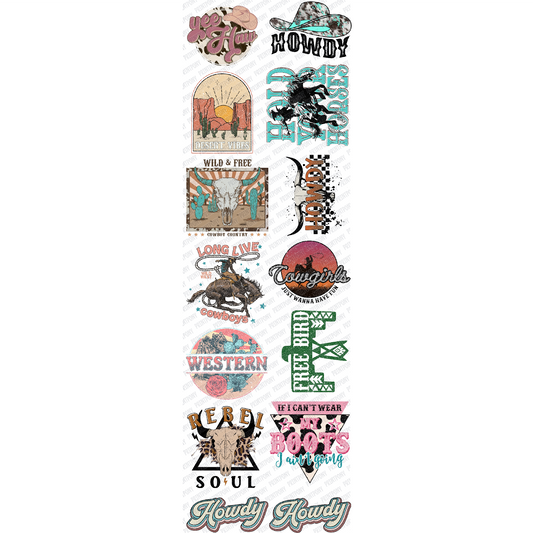 Western premade DTF gang sheet with cowgirls, cactus, horses, and rodeo-themed designs
