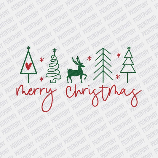 Merry Christmas Deer and Green Trees DTF transfer - PrintPony