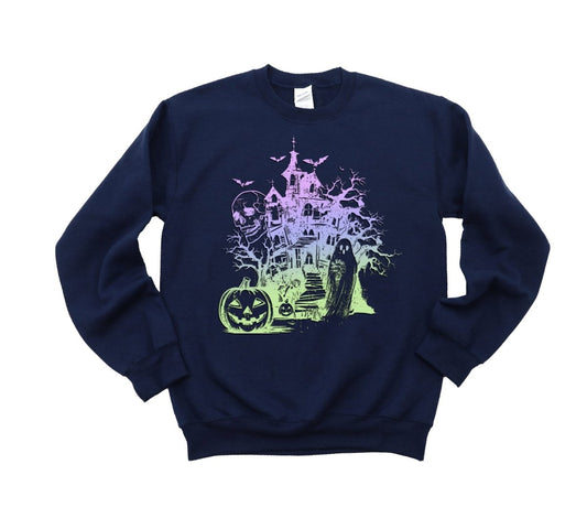 Neon Haunted House and Ghosts DTF Transfer - PrintPony™