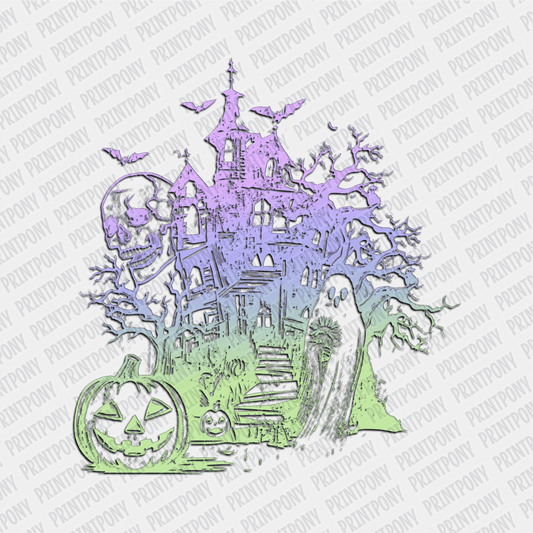 Neon Haunted House and Ghosts DTF Transfer - PrintPony™
