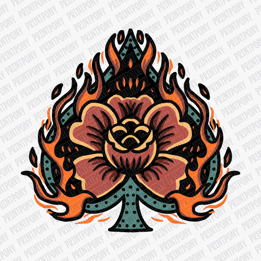 Old School Flaming Rose – Tattoo Flash DTF Transfer - PrintPony®