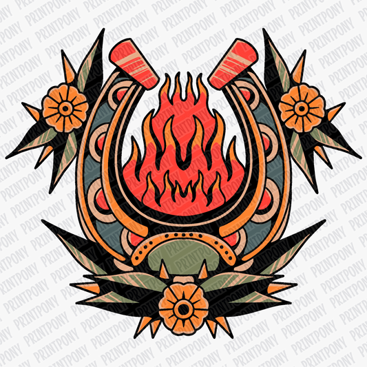 Old School Horseshoe Flower – Tattoo Flash DTF Transfer - PrintPony®