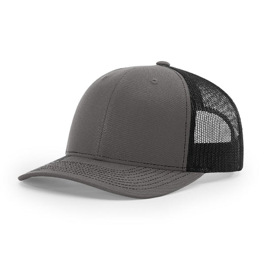 Richardson 112 Charcoal & Black Snapback Trucker Hat - PrintPony
