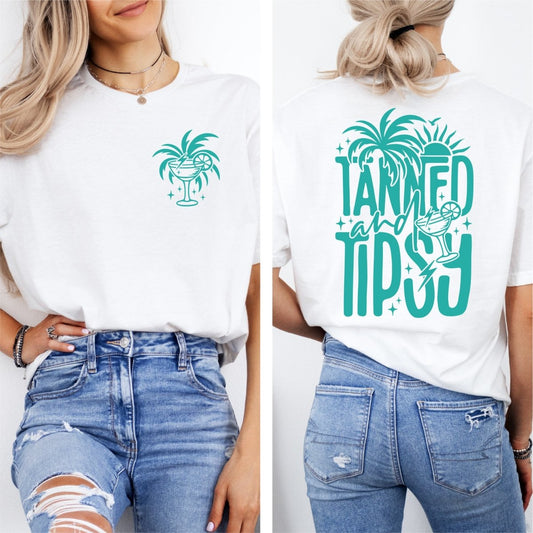 Tanned and Tipsy (front pocket and back design) - DTF transfer - PrintPony