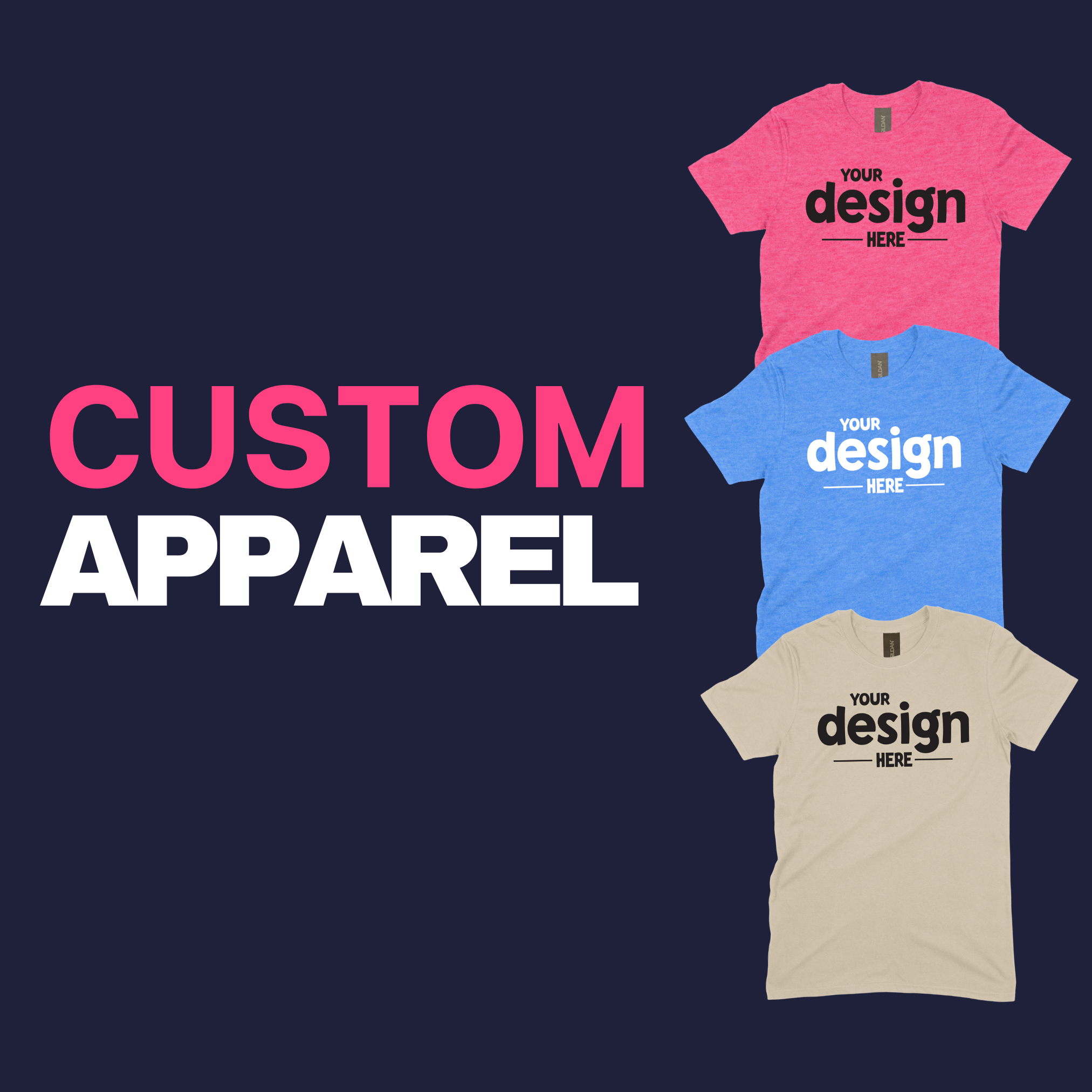 Image shows custom t-shirts by PrintPony on a navy background with text 'Custom Apparel' in Magenta and White colors.