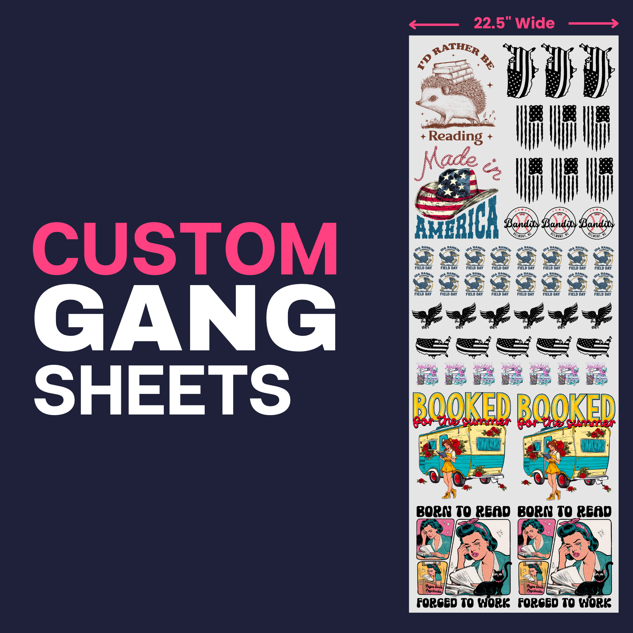 Image shows a gang sheet on a navy background and says Custom gang Sheets - PrintPony®