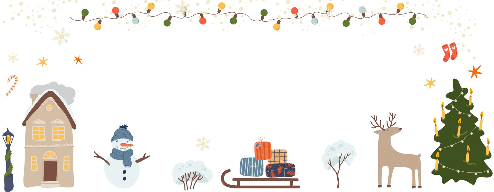 Image shows a Christmas background with a cute snowman, deer, and Christmas tree.