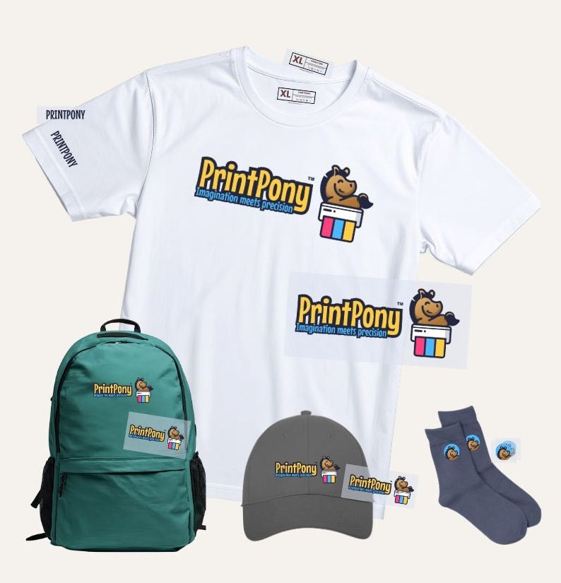 PrintPony merchandise  including a white graphic T-shirt, a teal backpack, a gray baseball cap, and a pair of dark blue socks. Each item has the PrintPony logo and branding. The background is a light beige.