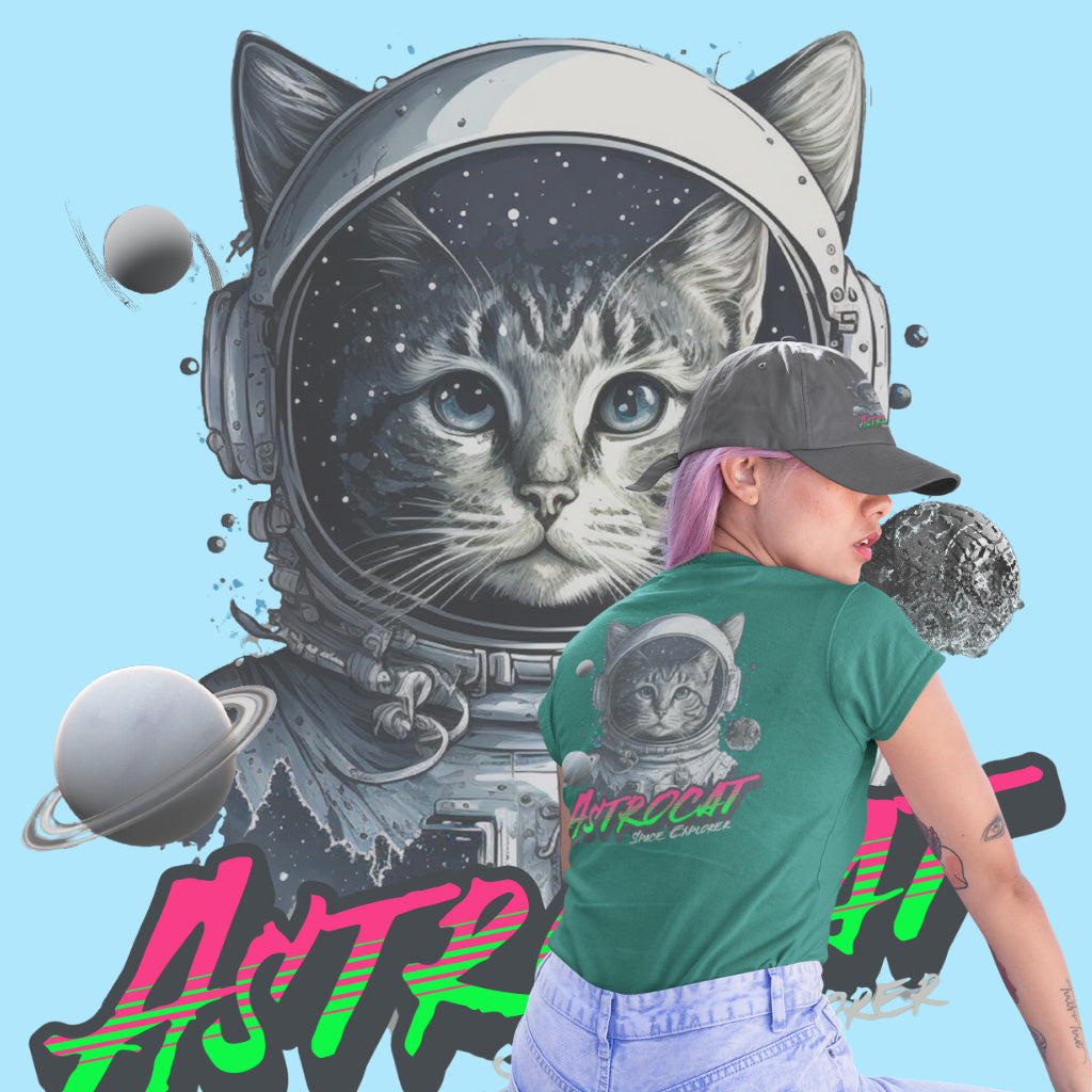 Image shows a DTF transfer of a cat in a space suite with a lady wearing the transfer on her shirt.
