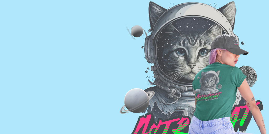 Image Shows a DTF transfer of a cat in a space suite and a girl wearing the image on her shirt.
