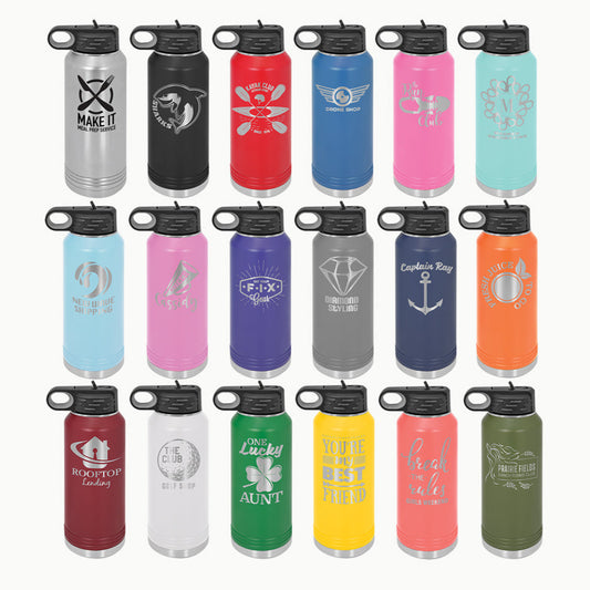 Image shows 32 oz. Water bottles engraved by Print Pony.