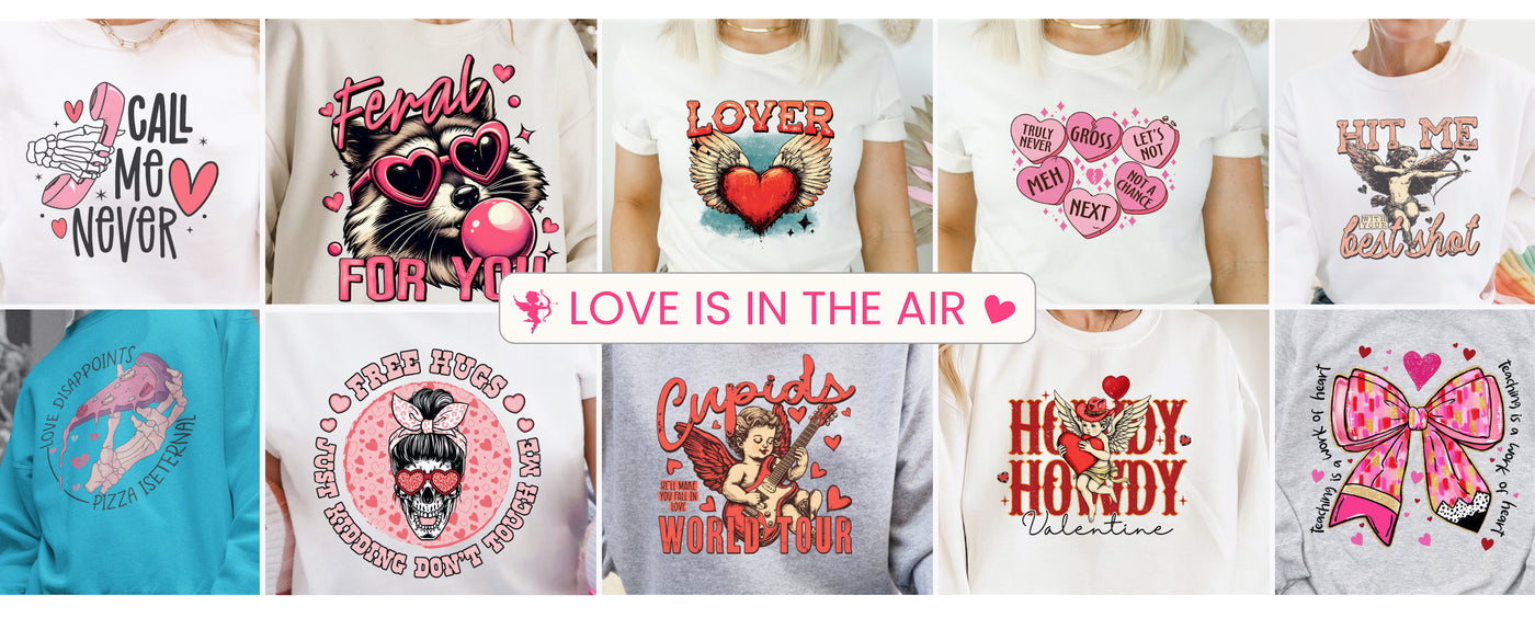 The image shows Valentine's DTF designs from PrintPony. 