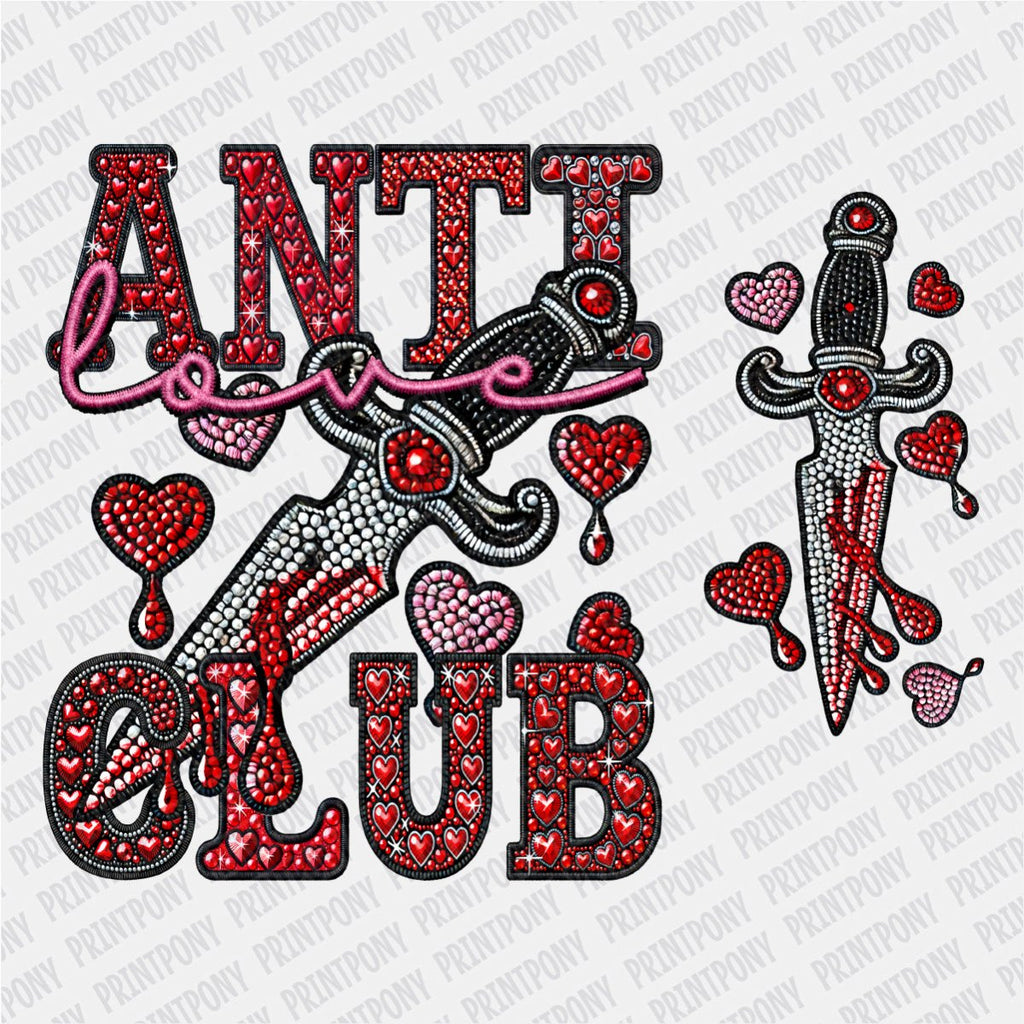 Anti - love Club Faux Rhinestones with Sleeve Design DTF Transfer - PrintPony