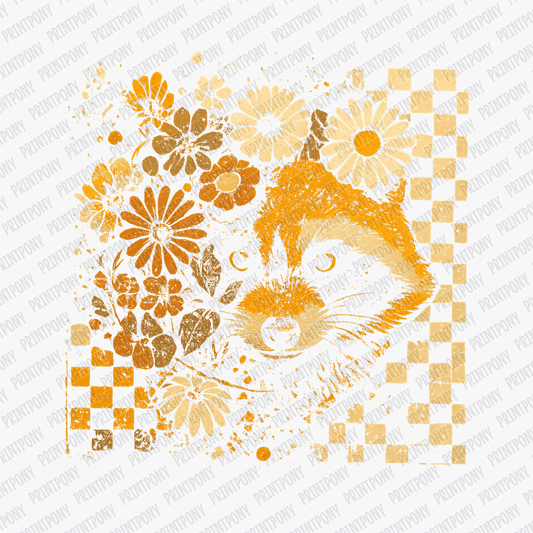 Boho Checkered and Floral Raccoon (For Dark Shirts) - DTF Transfer - PrintPony™