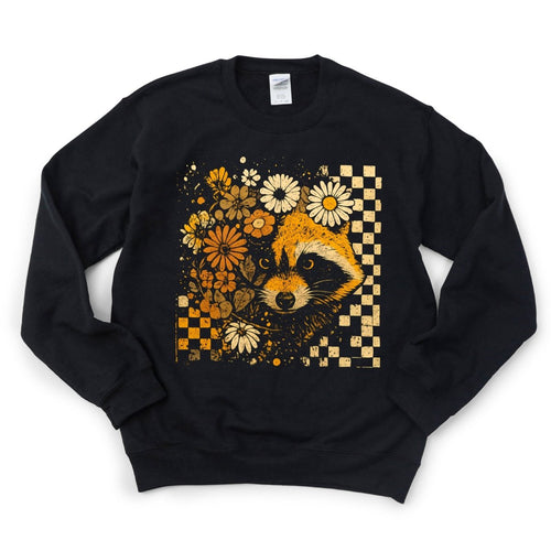 Boho Checkered and Floral Raccoon (For Dark Shirts) - DTF Transfer - PrintPony