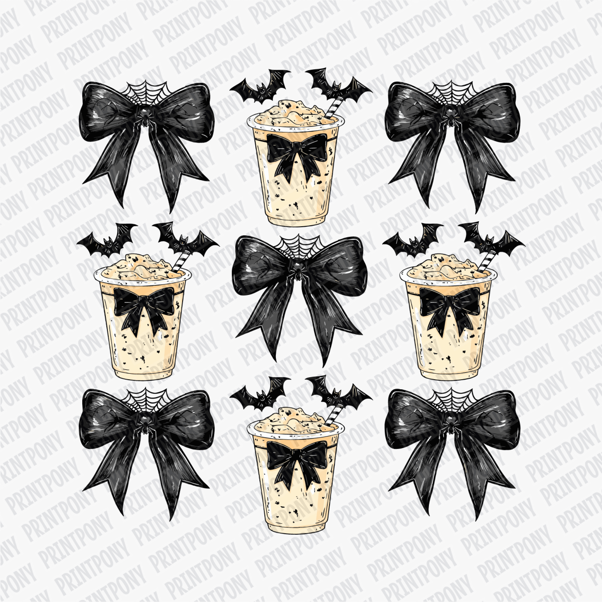 Coquette Black Bows with Bats and Coffees DTF Transfer - PrintPony™