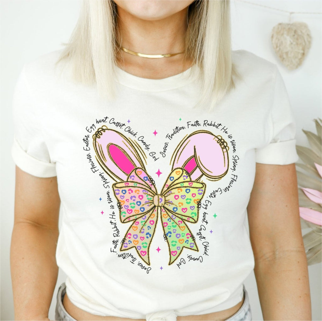 Coquette Bow with Bunny Ears and text He is Risen DTF transfer - PrintPony