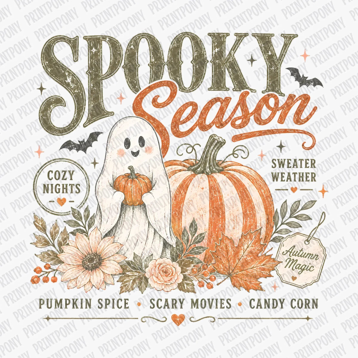 Cottage Core Spooky Season Fall Ghost - DTF Transfer - PrintPony