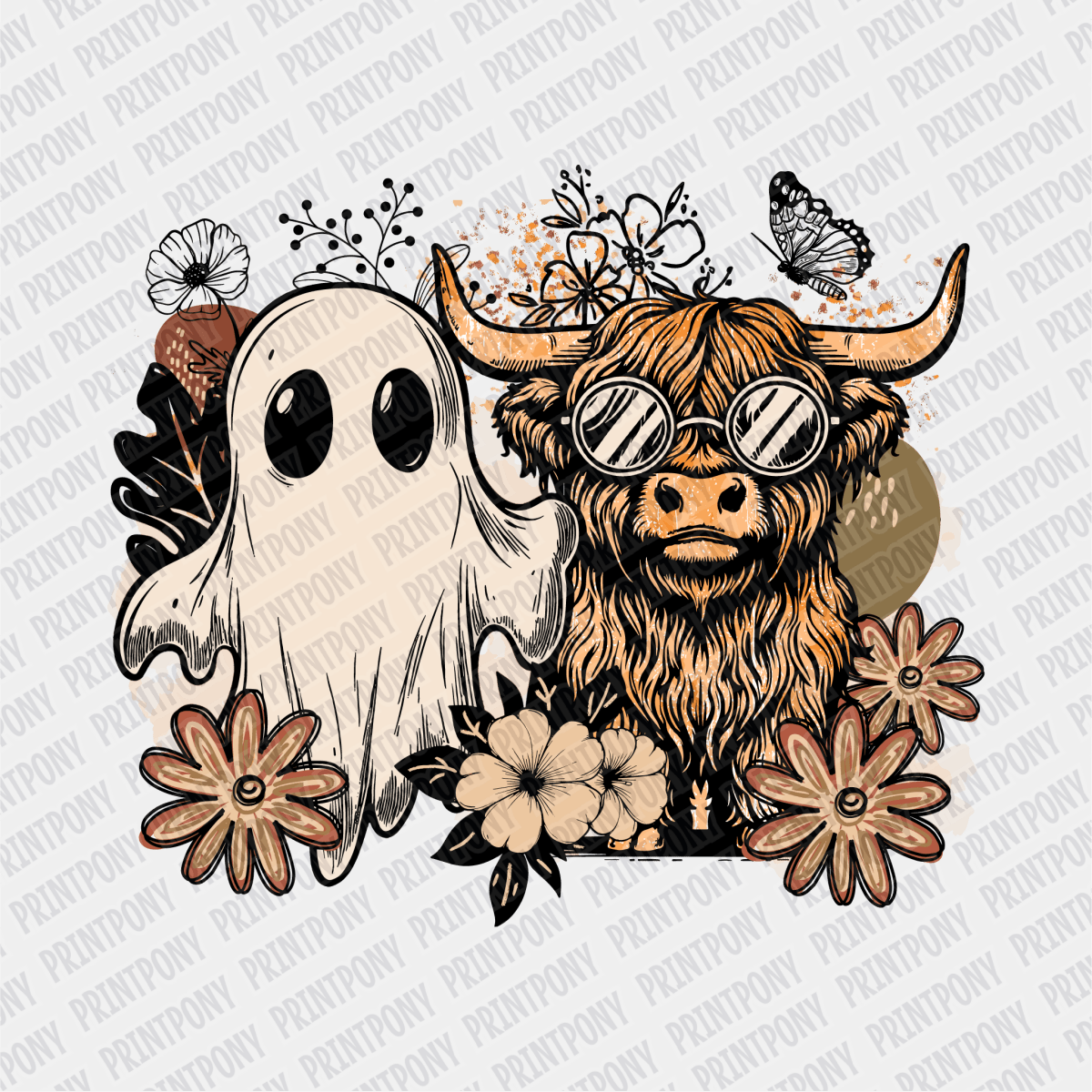 Cute Ghost and Highland Cow DTF Transfer - PrintPony