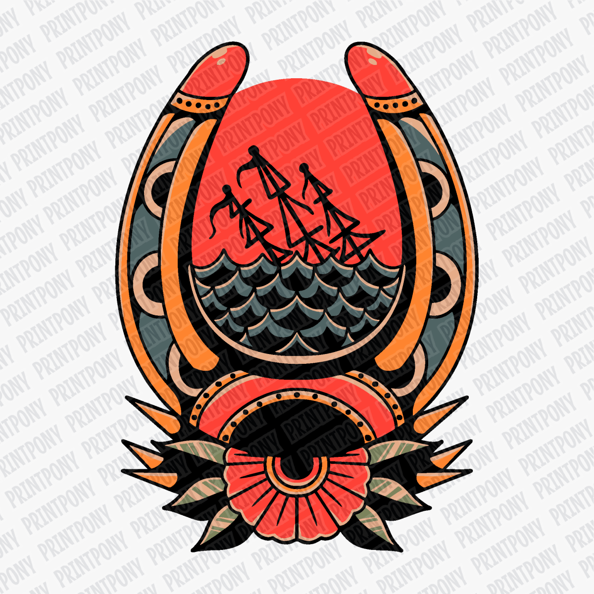 Drowned Horseshoe – Tattoo Flash DTF Transfer - PrintPony®