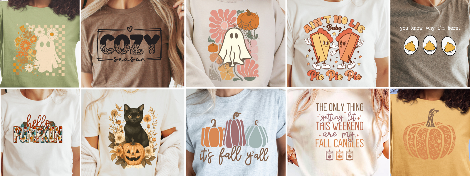  Image shows fall designs for PrintPony DTF Transfers that have been applied to a t-shirt.