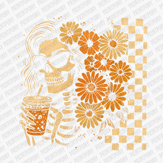 Fall Boho Lady Skeleton with Coffee - DTF Transfer - PrintPony™