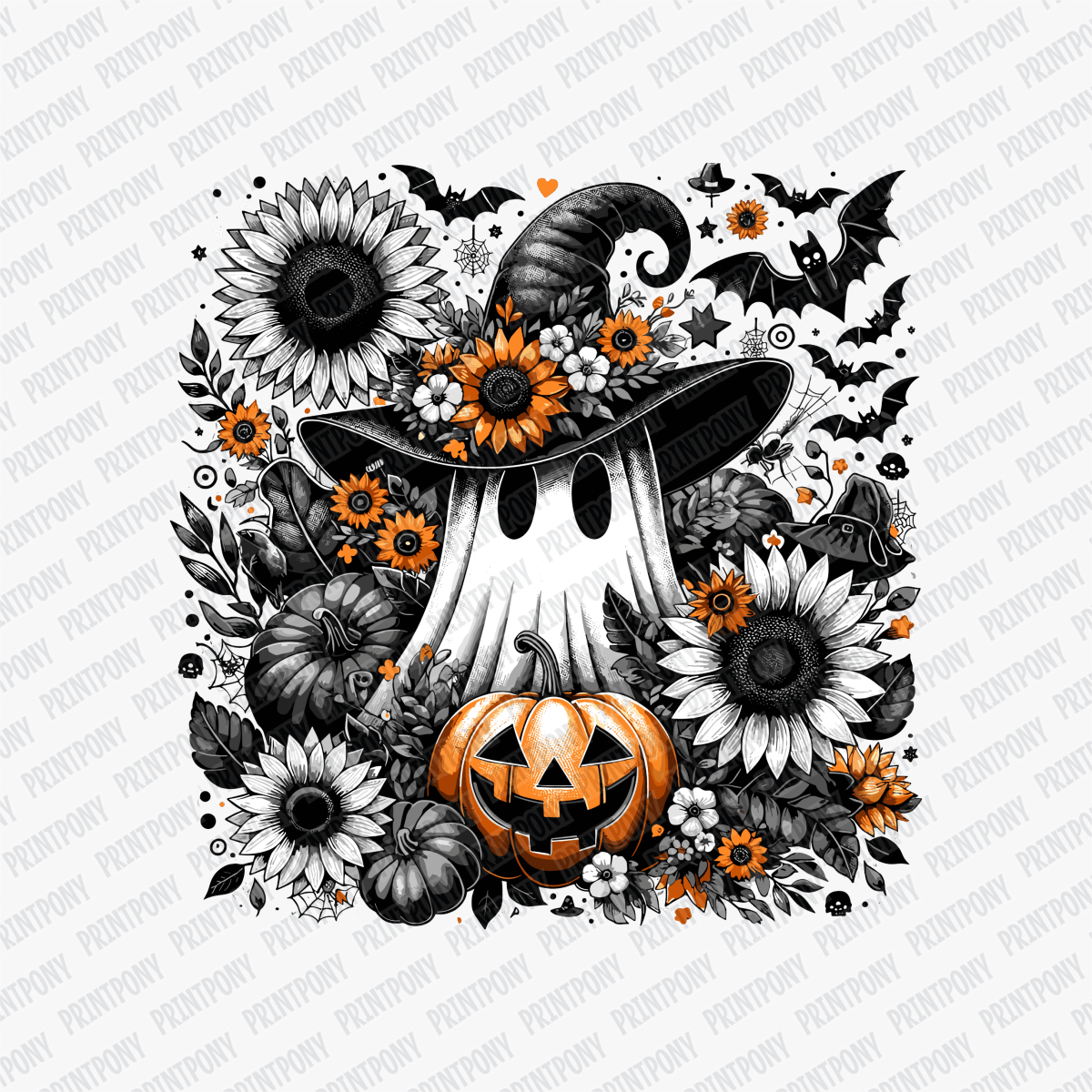 Fall Ghost and Pumpkin with Sunflowers - DTF Transfer - PrintPony™