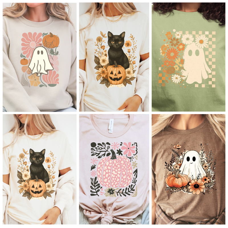  Image shows fall designs for PrintPony DTF Transfers that have been applied to a t-shirt.