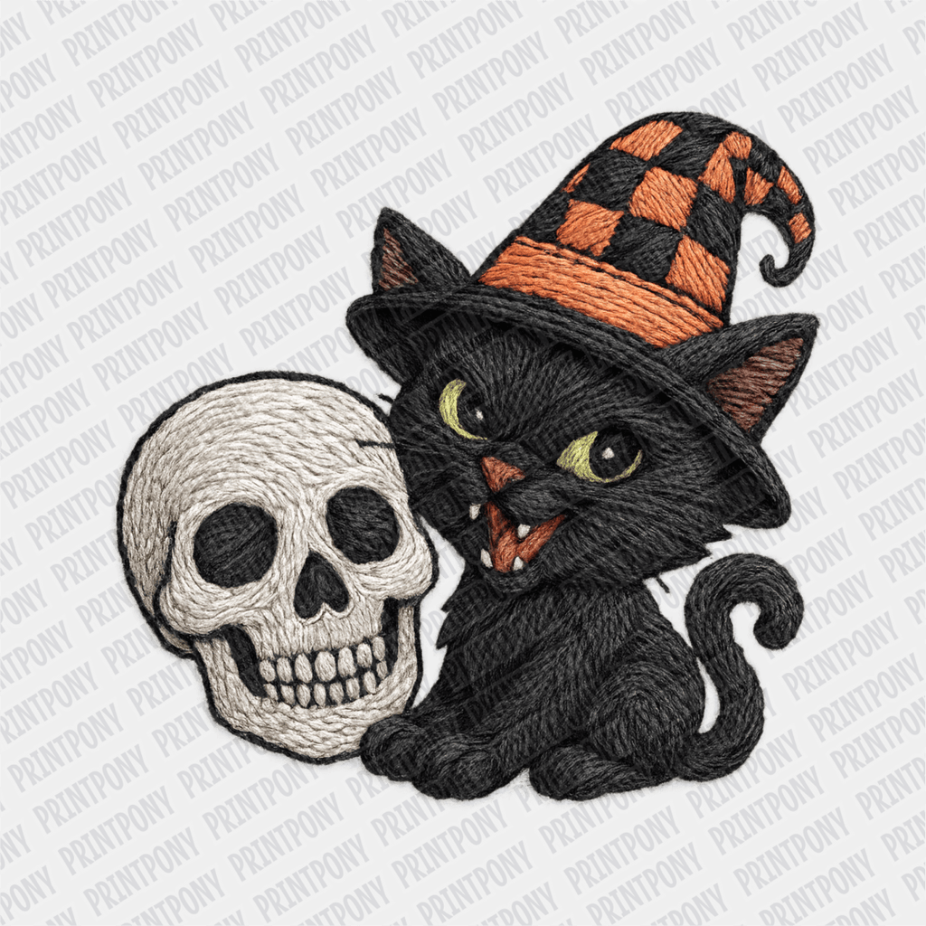 Faux Embroidered Cat and Skeleton DTF Transfer - PrintPony