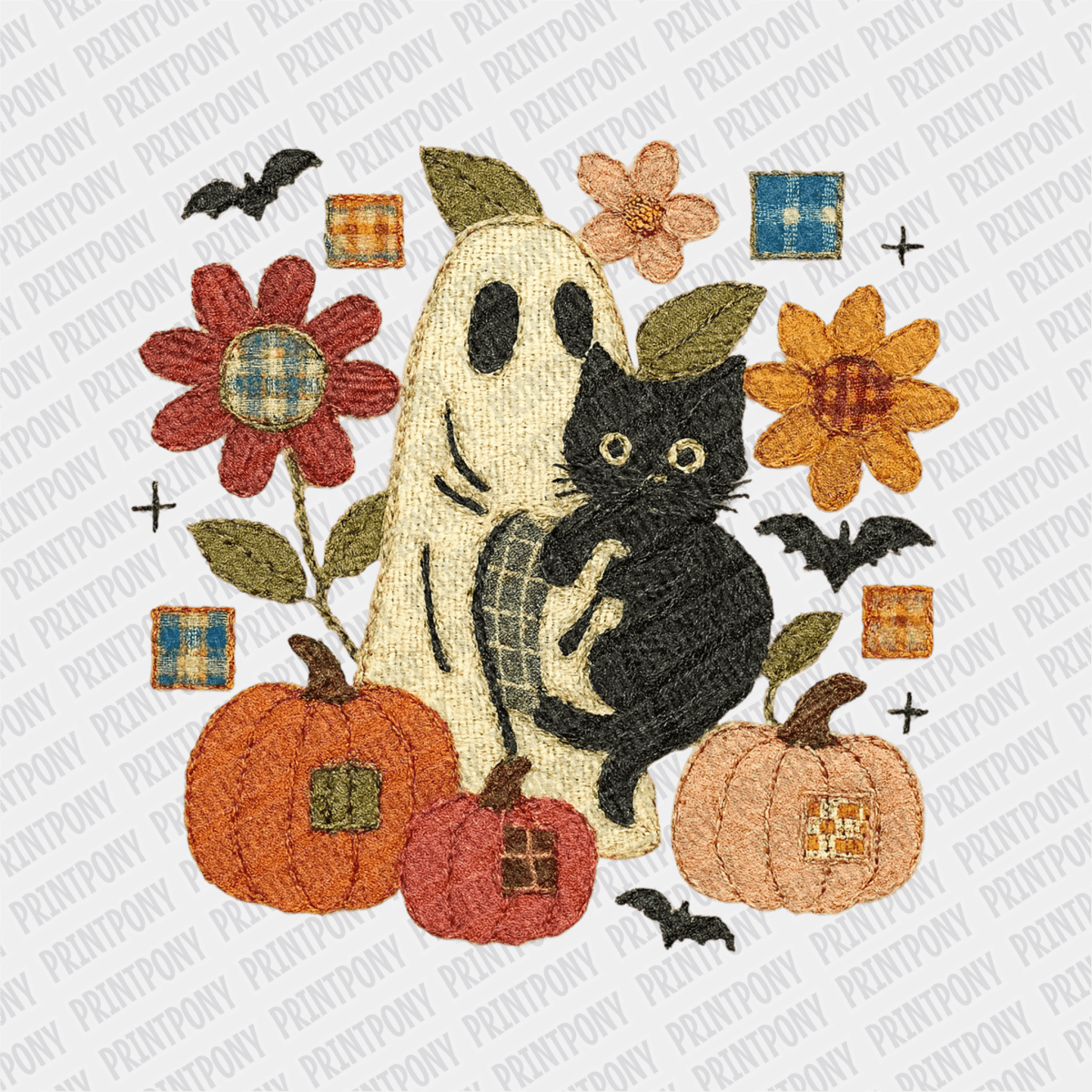 Faux Embroidered Ghost and Cat Halloween DTF Transfer - PrintPony