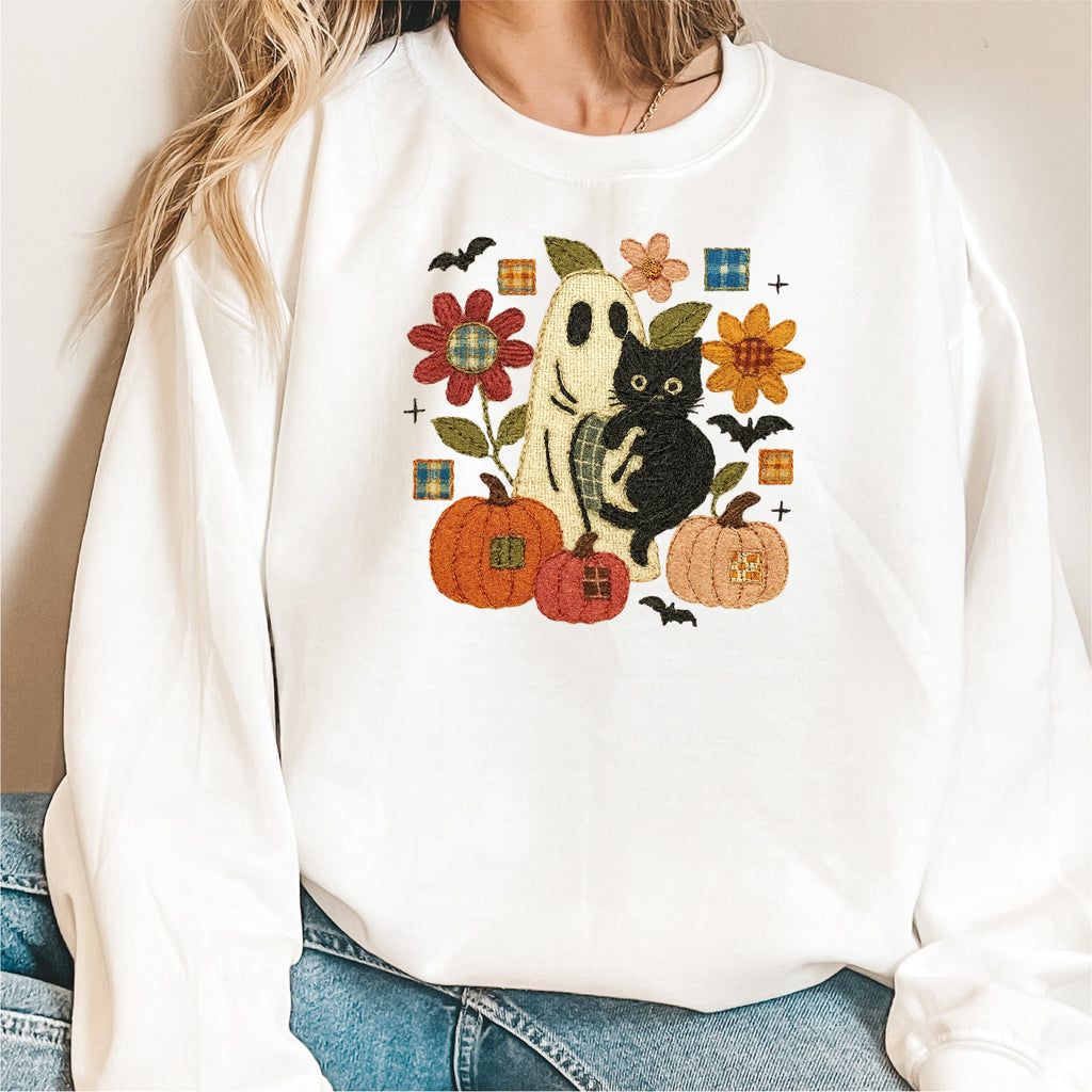 Faux Embroidered Ghost and Cat Halloween DTF Transfer