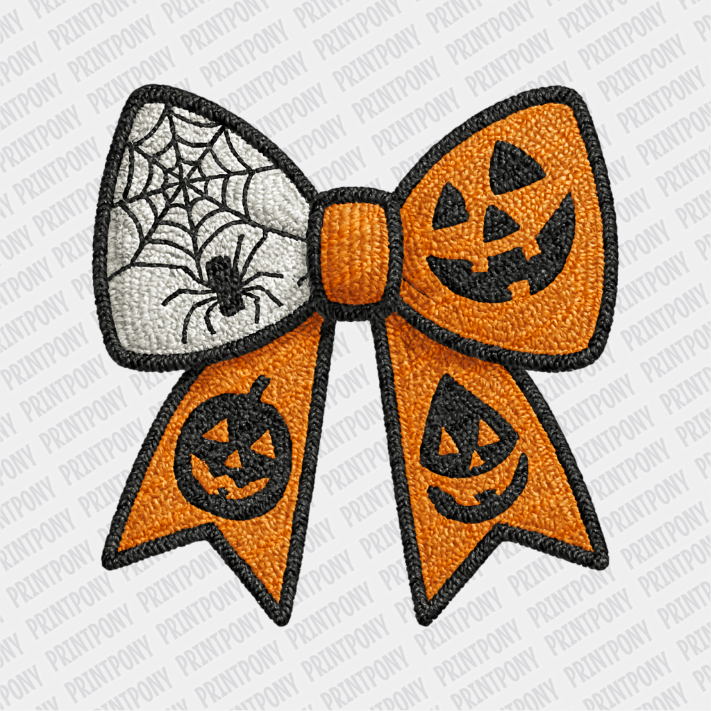 Faux Embroidered Halloween Bow with Pumpkins and Spider DTF Transfer - PrintPony