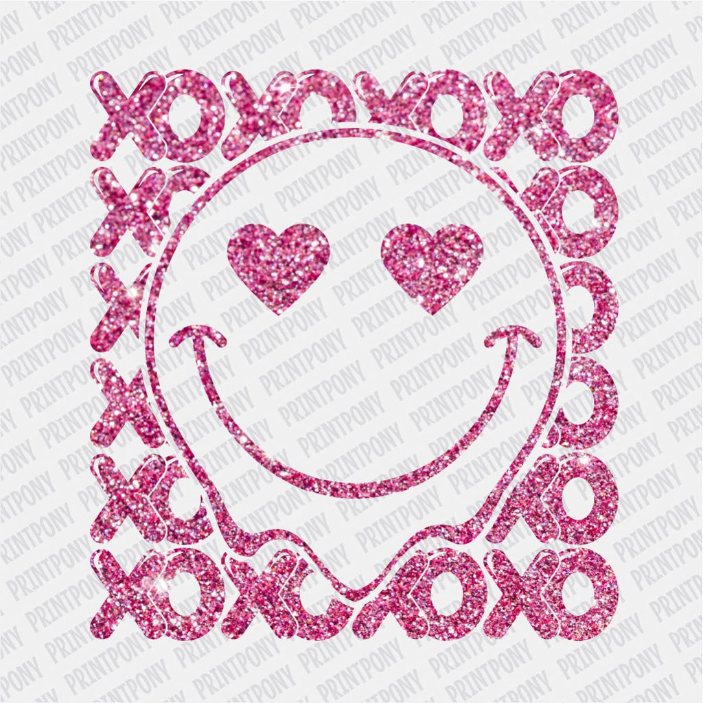 Faux Glitter Pink Smiley Face Valentine's Day DTF Transfer - PrintPony