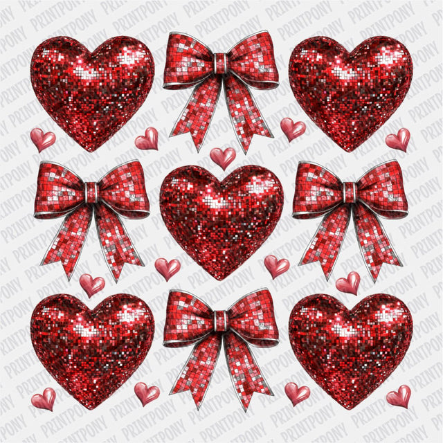 Faux Sequin Red Coquette Hearts and Ribbons DTF Transfer - Print Pony™