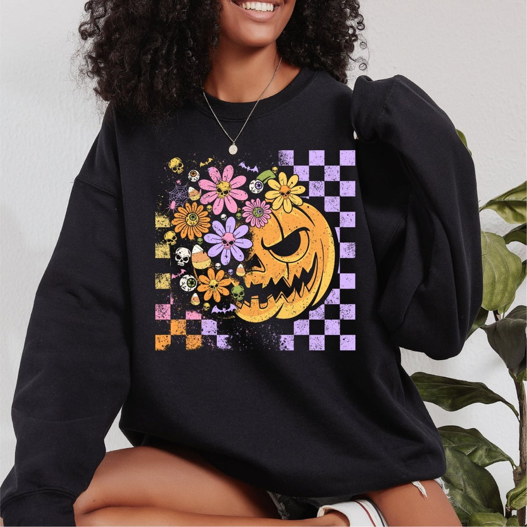 Floral and Checkered Pumpkin Halloween DTF Transfer - PrintPony