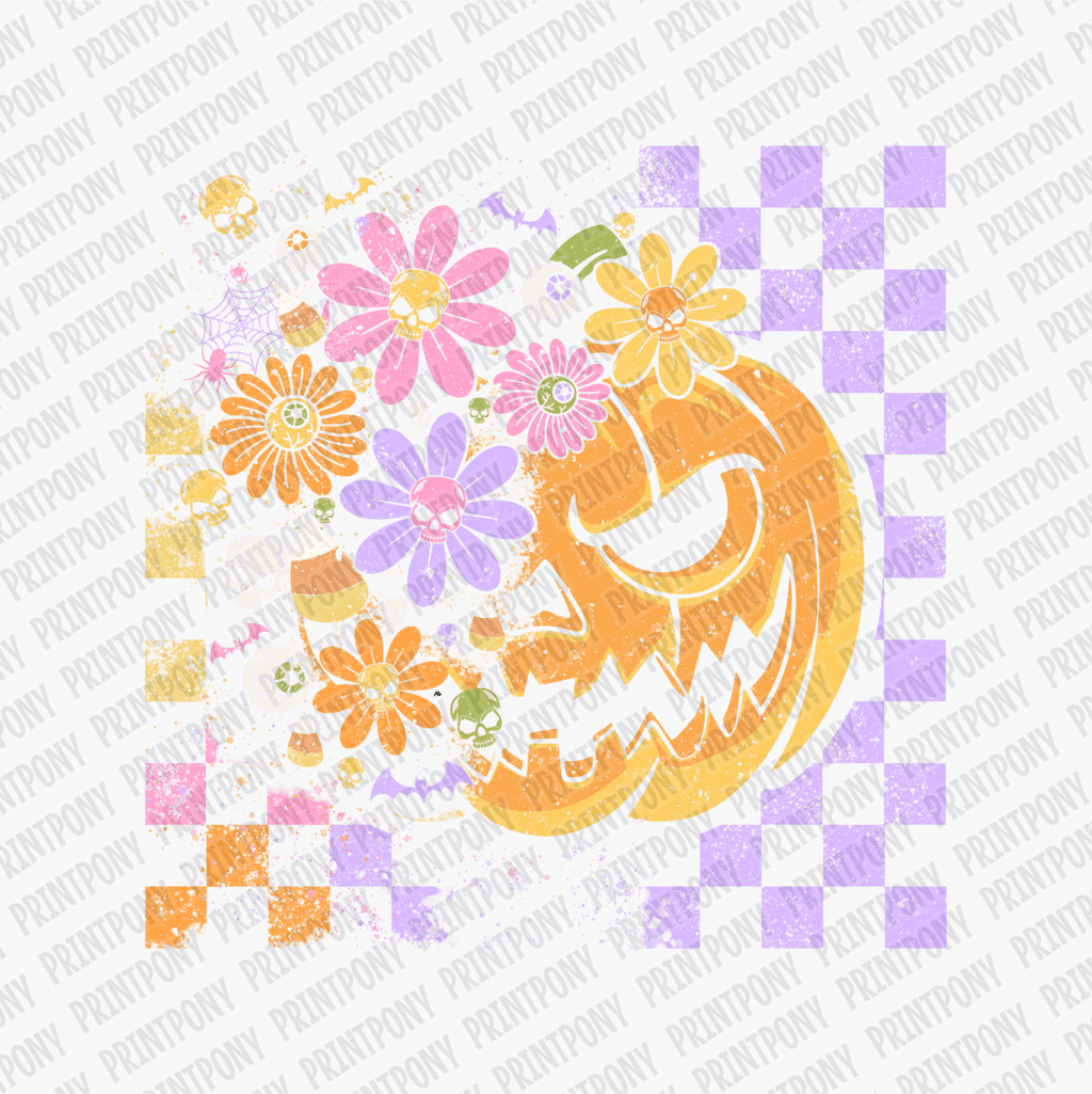 Floral and Checkered Pumpkin Halloween DTF Transfer - PrintPony