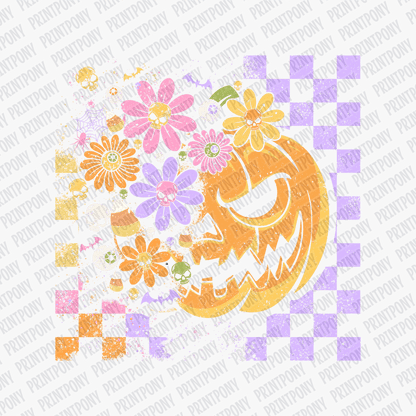 Floral and Checkered Pumpkin Halloween DTF Transfer - PrintPony™