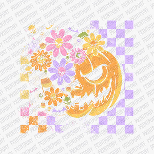 Floral and Checkered Pumpkin Halloween DTF Transfer - PrintPony™